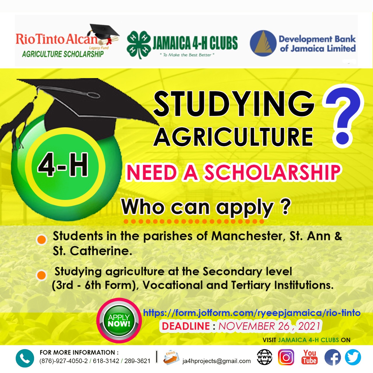 AGRICULTURE SCHOLARSHIPS AVAILABLE.